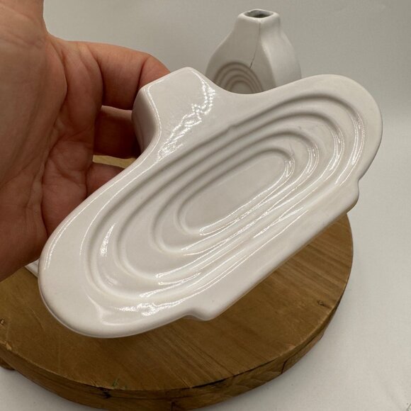 3 Vintage MCM Art Deco Oval Repeating Ring Bud Vases Marked Bottom White *READ* - Picture 7 of 16